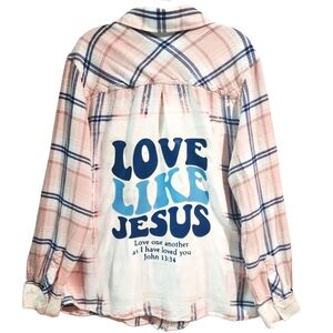Love Like Jesus Custom Upcycled Plaid Button Down Shirt, XL